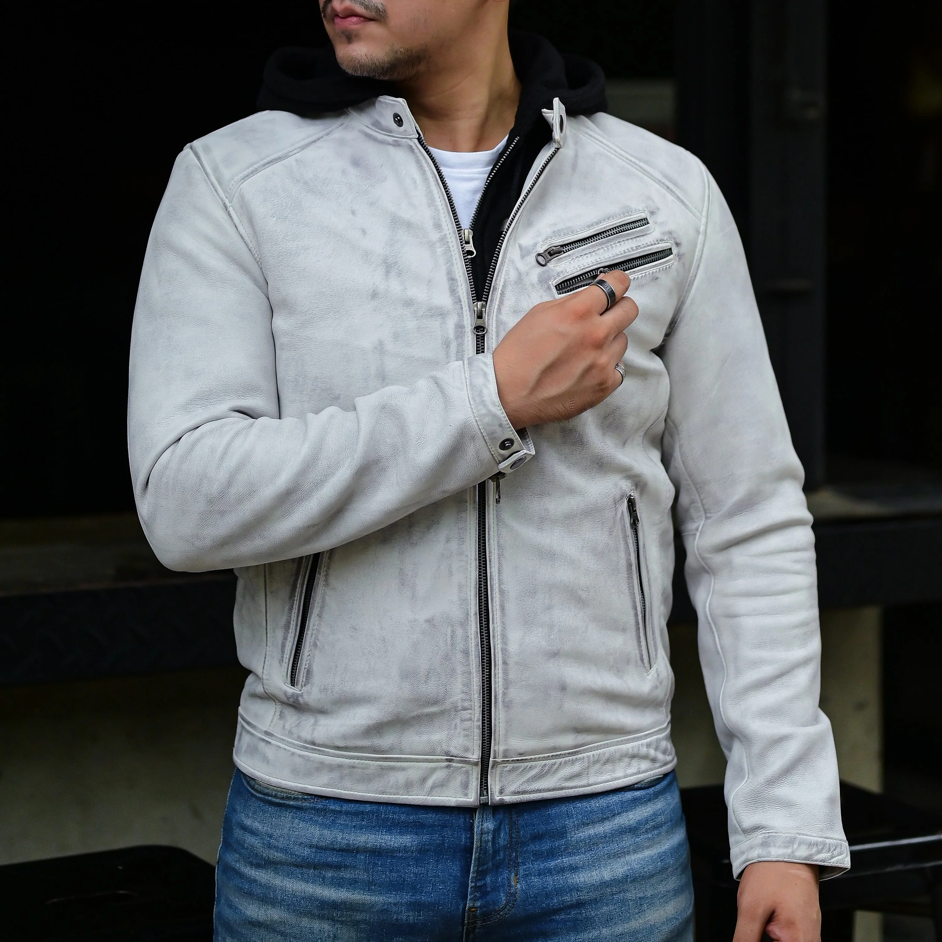 Mens White Casual Hooded Vintage Leather Jacket with Removable Hood